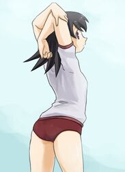  azumanga_daioh azumanga_daiou black_hair brown_eyes buruma gym_uniform long_hair looking_back lowres profile shiwashiwa_no_kinchakubukuru stretch takino_tomo 