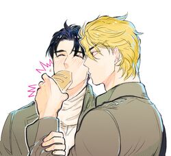  /\/\/\ 2boys blonde_hair blue_hair blush bread dio_brando feeding food jojo_no_kimyou_na_bouken jonathan_joestar mikasa_ackerman multiple_boys parody red_eyes sasha_browse shingeki_no_kyojin tpsn 