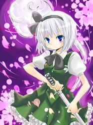  blue_eyes ghost hairband hitodama katana konpaku_youmu konpaku_youmu_(ghost) myon ribbon short_hair silver_hair sword touhou weapon 