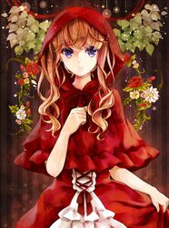  1girl brown_hair capelet dress flower highres hood long_hair original puracotte smile solo violet_eyes 