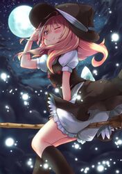  1girl blonde_hair blue_eyes blush braid broom broom_riding full_moon hat kirisame_marisa long_hair moon night night_sky sky smile snowcanvas solo touhou wink witch_hat 