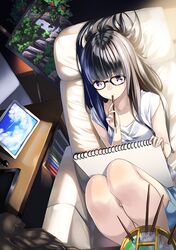  1girl bare_legs black_hair bucket chair clouds glasses kyon_(fuuran) long_hair mouth_hold original paintbrush painting_(object) pencil photo_(object) sitting sketchbook skirt sky solo violet_eyes water 