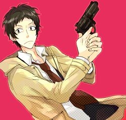  adachi_tohru bad_id black_hair gun male necktie persona persona_4 short_hair sudachips weapon 