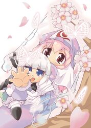  buchi_maru butterfly cherry_blossoms chibi ghost hair_ribbon hat hitodama konpaku_youmu konpaku_youmu_(ghost) petals pink_eyes pink_hair ribbon saigyouji_yuyuko short_hair silver_hair touhou 