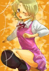  androgynous aoba_tsugumi bad_id blonde_hair kannagi kurogane_no_linebarrel kurogane_no_linebarrels parody reverse_trap ribbon sawashiro_miyuki school_uniform seiyuu_connection seiyuu_joke short_hair solo sulky_mary trap wink yamashita_satoru 