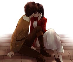  black_hair dress eren_jaeger kiss mikasa_ackerman scarf shingeki_no_kyojin short_hair yasai_(getsu) 