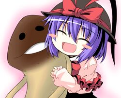  1girl ^_^ blue_hair blush_stickers capelet closed_eyes hat hug ichimi nagae_iku open_mouth short_hair smile touhou 