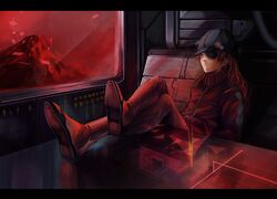 1girl animal_hat blue_eyes cat_hat cp_.ieng crossed_legs evangelion:_3.0_you_can_(not)_redo eyepatch hat highres long_hair neon_genesis_evangelion orange_hair plugsuit rebuild_of_evangelion shikinami_asuka_langley sitting solo souryuu_asuka_langley 