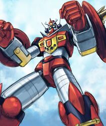  cloud clouds gasshin_sentai_mechander_robo mecha mechander_robo shield sky solo spikes 