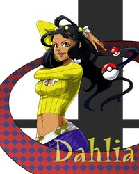  dahlia_(pokemon) dark_skin frontier_brain hirococo hirococo_(hakka) long_hair lowres midriff navel poke_ball pokeball pokemon purple_eyes smile solo violet_eyes 
