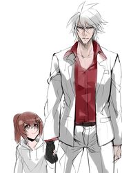  1boy 1girl blazblue blazblue_phase_0 brown_eyes brown_hair caelica_a_mercury casual formal hair_ornament hairclip hoodie kaneaki_mukku ponytail ragna_the_bloodedge shirt single_glove smile spiky_hair spoilers suit young 