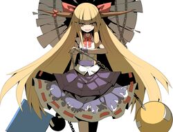  1girl absurdres blonde_hair bow chain hair_bow highres horns ibuki_suika long_hair open_mouth ribbon skirt smile solo touhou very_long_hair 