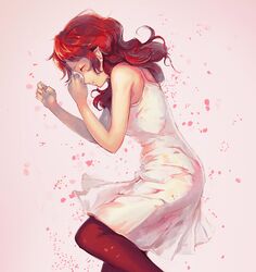  1girl closed_eyes doomfest lying on_side original pantyhose pointy_ears redhead solo 