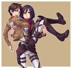  1boy 1girl belt black_hair boots brown_hair carrying jacket mikasa_ackerman princess_carry scarf shingeki_no_kyojin short_hair thigh_strap tkemn 