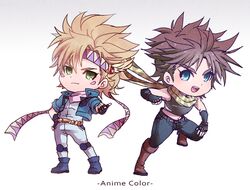  2boys blonde_hair blue_eyes blue_jacket brown_hair caesar_anthonio_zeppeli chibi facial_mark fingerless_gloves gloves green_eyes headband jacket jojo_no_kimyou_na_bouken joseph_joestar_(young) multiple_boys scarf xxzexx 