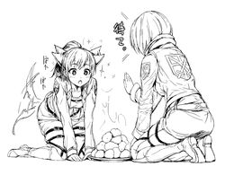  animal_ears blush boots food jacket mikasa_ackerman ponytail sasha_browse shingeki_no_kyojin short_hair thigh_strap usisan 