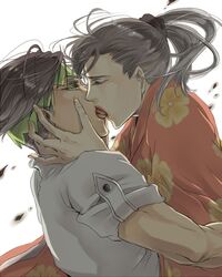  1boy 1girl black_hair family french_kiss green_eyes headband incest japanese_clothes jojo_no_kimyou_na_bouken kimono kishibe_nanase kishibe_rohan kiss ponytail spritzer 