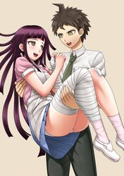  1boy 1girl ahoge apron bandages blush brown_hair carrying dangan_ronpa gonoike_biwa hinata_hajime long_hair necktie nurse open_mouth princess_carry purple_hair skirt smile super_dangan_ronpa_2 tsumiki_mikan violet_eyes 