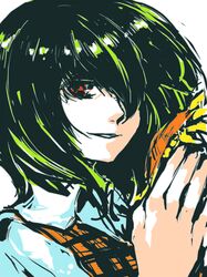 green_hair hair_over_one_eye holding holding_flower kazami_yuuka plaid_vest portrait red_eyes short_hair smile sunflower tima touhou 
