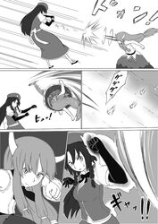  2girls braid elbow_gloves gloves hat highres hong_meiling ibuki_suika long_hair monochrome multiple_girls poronegi touhou twin_braids 