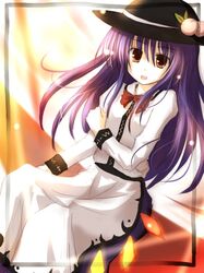  food fruit hat hinanawi_tenshi leaf long_hair mashayuki orange_eyes peach solo touhou 