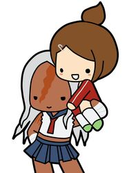  2girls :> :d asahina_aoi_(dangan-ronpa) bandages blush_stickers brown_hair carrying chibi dangan_ronpa hair_ornament hairclip kashiwa_kiseri multiple_girls ookami_sakura open_mouth ponytail scar school_uniform serafuku silver_hair smile white_legwear 
