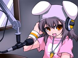  animal_ears brown_eyes bunny_ears contemporary fang hat headphones inaba_tewi jewelry microphone microphone_stand necklace noya pendant rabbit_ears radio_booth studio_microphone t-shirt touhou wristband wristbands 