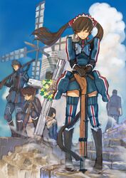  bad_id brigitte_stark cross grave gun hirokiku isara_gunther military military_uniform rosie_stark senjou_no_valkyria senjou_no_valkyria_1 thighhighs twintails uniform weapon welkin_gunther windmill 