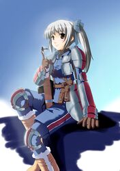  blue_ribbon blush brown_eyes edy_nelson gun long_hair military military_uniform mizuki_ame ribbon senjou_no_valkyria senjou_no_valkyria_1 silver_hair sitting smile twintails uniform 