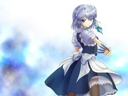  1girl apron back black_legwear blue_background blue_eyes blush braid izayoi_sakuya knife looking_back maid maid_headdress puffy_sleeves ribbon short_hair silver_hair skirt solo thigh-highs touhou twin_braids vest 