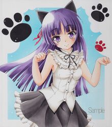  1girl animal_ears blouse cat_ears gokou_ruri long_hair munmu ore_no_imouto_ga_konna_ni_kawaii_wake_ga_nai paw_pose paw_print purple_hair sample traditional_media violet_eyes 