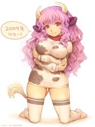  animal_ears breasts collar cow_ears cow_girl cow_print horns kuma-tan kumatanchi large_breasts new_year purple_eyes purple_hair shigatake tail thigh-highs thighhighs ushi-oneesan violet_eyes 
