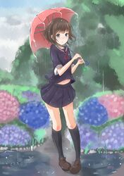  1girl blue_eyes blush brown_hair original rain school_uniform short_hair solo umbrella wet 