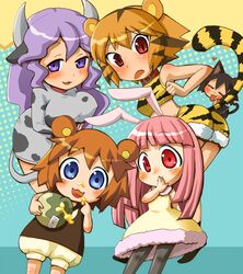  animal_ears bear_ears bell bloomers blue_eyes brown_hair bunny_ears cat_ears cat_tail collar costume cow_ears cow_girl cowgirl honey horns kuma-tan kumatanchi neko-kun orange_hair pantyhose pink_hair purple_eyes purple_hair rabbit_ears rabi-tan red_eyes tail tiger_costume tiger_print tora-oneesan ushi-oneesan violet_eyes 