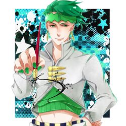  1boy earrings green_eyes green_hair headband jewelry jojo_no_kimyou_na_bouken kishibe_rohan midriff mugenboshi nail_polish pen solo 
