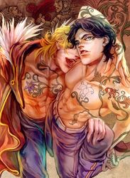  2boys black_hair blonde_hair blue_eyes dio_brando fangs fur_trim highres jojo_no_kimyou_na_bouken jonathan_joestar kilva_lollop lipstick makeup multiple_boys shirtless tattoo vampire 