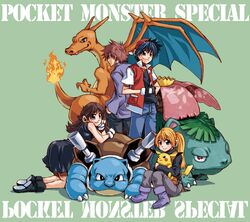  blue_(pokemon) blush brown_hair charizard dragon hat hug kneeling nintendo ookido_green pikachu pokemon pokemon_special red_(pokemon) ringo78 smile venusaur yellow_(pokemon) 