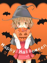  bat bats brown_eyes brown_hair halloween hat hidamari_sketch pumpkin pumpkins short_hair witch_hat yuko_(nyakkikki) yuko_(pixiv495246) yuno 