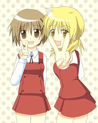  brown_eyes brown_hair hidamari_sketch isacoo miyako school_uniform short_hair v yellow_eyes yuno 