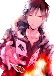  1boy black_hair card coat durarara!! fire happy_birthday jewelry male orihara_izaya pinkuna red_eyes ring short_hair solo 