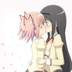  2girls akemi_homura black_hair blue_eyes blush bow bust closed_eyes hairband kaname_madoka kiss long_hair mahou_shoujo_madoka_magica midori_(rquick2009) multiple_girls pink_hair school_uniform short_hair skirt yuri 