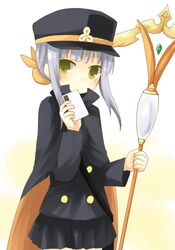  cape fumika grey_hair hat kanaka letter shako_cap shigofumi staff yellow_eyes yuzuki_(artist) 