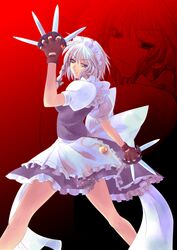  blue_eyes braid fingerless_gloves hairband highres izayoi_sakuya knife knives maid okota okota_(artist) ribbon short_hair silver_hair solo touhou twin_braids zoom_layer 