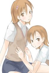  bad_id brown_eyes brown_hair hair_ornament misaka_imouto misaka_mikoto multiple_girls school_uniform short_hair skirt to_aru_majutsu_no_index yana 