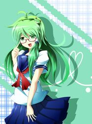  1girl 7ban adjusting_glasses bespectacled blush breasts frog_hair_ornament glasses green_background green_eyes green_hair hair_ornament kochiya_sanae long_hair open_mouth red-framed_glasses school_uniform serafuku skirt smile snake_hair_ornament solo touhou 