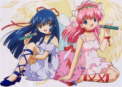  angel_wings ankle_lace-up blue_eyes blue_hair cross-laced_footwear dress galaxy_angel green_eyes karasuma_chitose long_hair microphone milfeulle_sakuraba normad pink_hair wings 