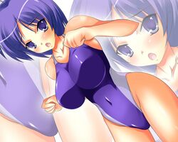  competition_swimsuit dutch_angle huge_breasts one-piece_swimsuit purple_eyes purple_hair short_hair swimsuit taigi_akira violet_eyes zoom_layer 