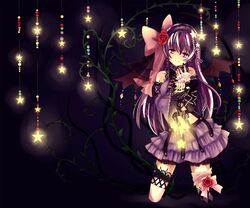  detached_sleeves earrings flower garters hair_bow hair_ornament hairband headband highres honeydew_(artist) jewelry kneeling lace long_hair m2_(artist) midriff multicolored_hair purple_eyes purple_hair ribbon ribbons skirt smile star stars thigh-highs thighhighs violet_eyes white_legwear white_thighhighs wings 