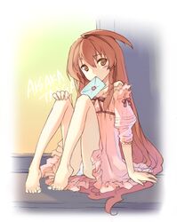  aisaka_taiga bad_id barefoot brown_eyes brown_hair cuteg feet letter long_hair mouth_hold panties solo toradora! underwear 
