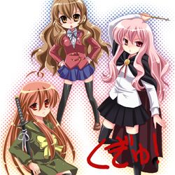  akeboshi_shaken bad_id crossover katana kugimiya_rie louise_francoise_le_blanc_de_la_valliere lowres school_uniform seiyuu_connection seiyuu_joke shakugan_no_shana shana sword thighhighs toradora! wand weapon zero_no_tsukaima 
